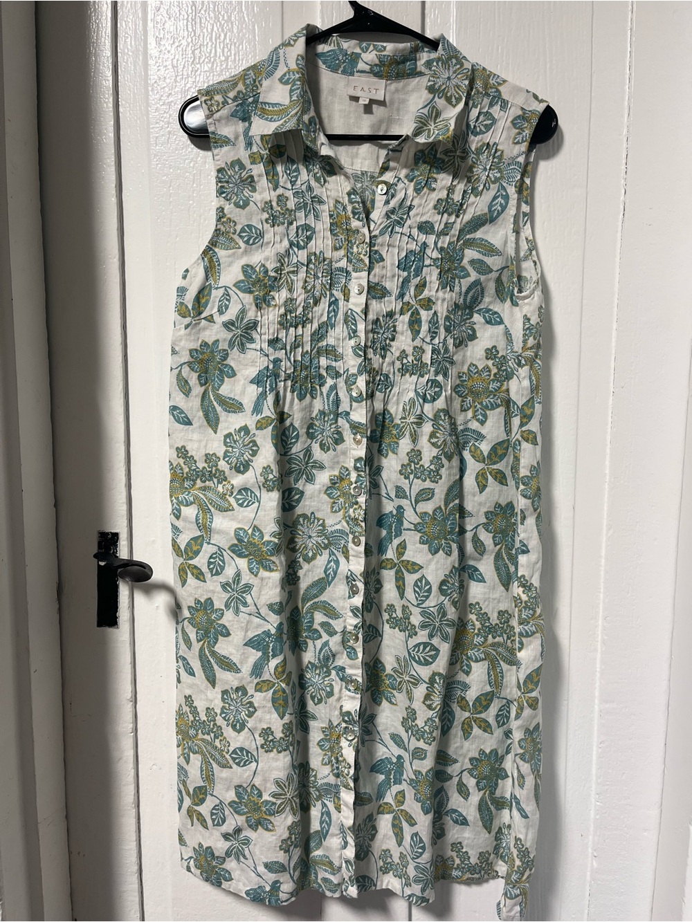 East Sleeveless Linen Button Down Printed Floral Bird Shirt Dress size 12